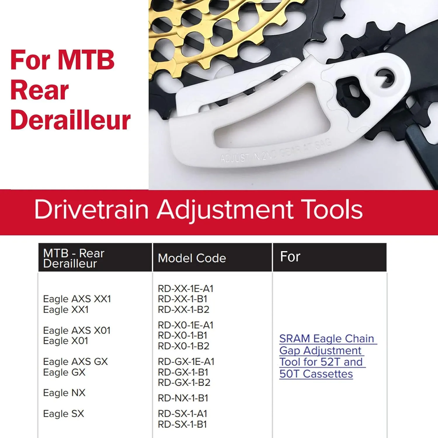 B Gap Adjustment Tool for SRAM XPLR/AXS Eagle Chain Gauge, Rear Derailleur Chain Gap Tool for MTB [White-Eagle 50/52t Cassettes, 12 Speed], Road [Red-XPLR Force Rival Red eTap AXS 26-44]
