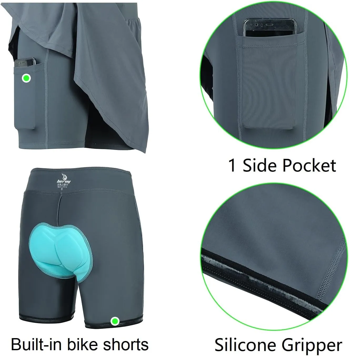 beroy Women Quick Dry and Breathable Cycling Skirt Shorts,Bike Skorts Pantskirt with 3D Padded