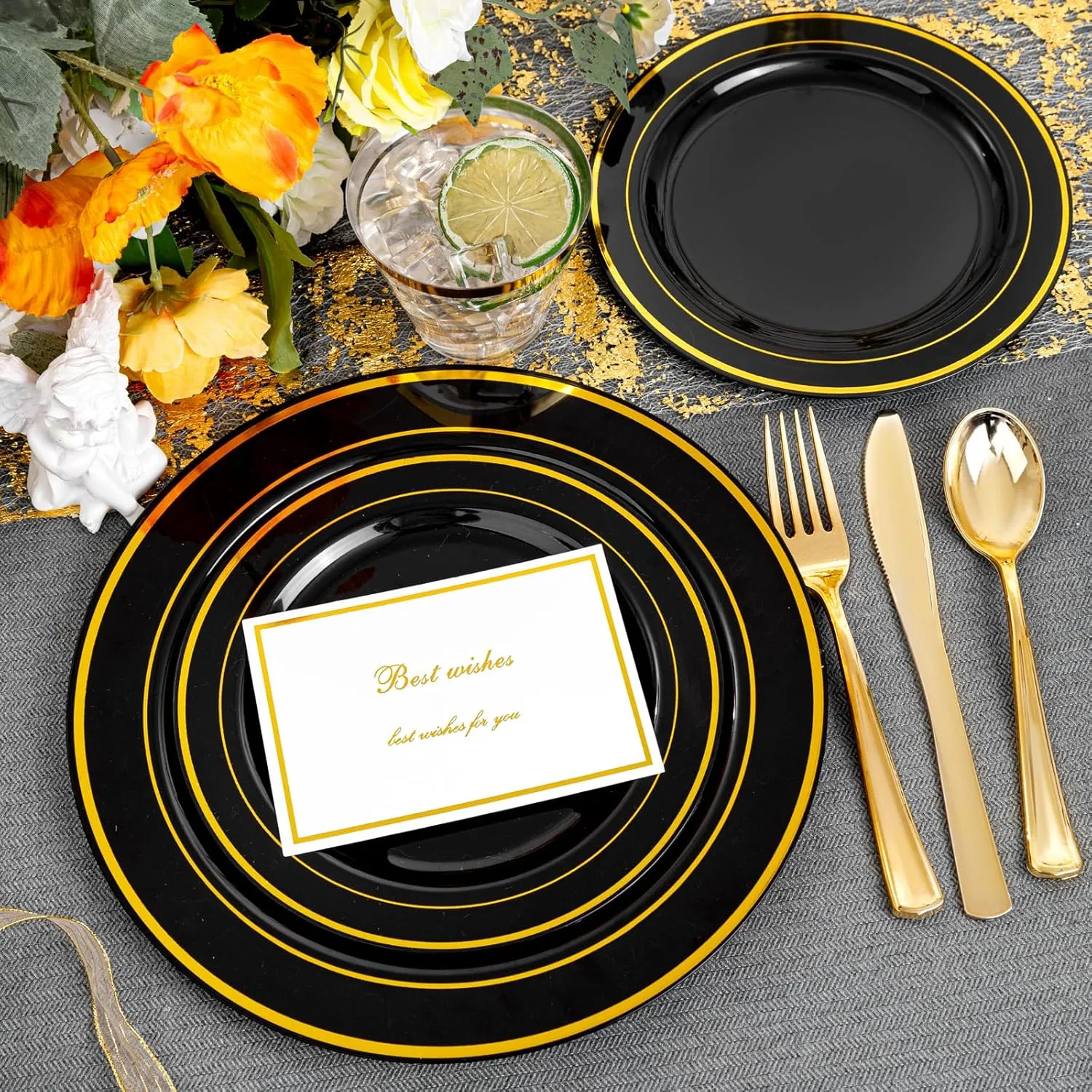 bUCLA 150 Pieces Black and Gold Disposable Dinnerware Set - 25 Guests Black Gold Plastic Plates Include 25 Dinner & 25 Dessert Plates, 25 Spoons, 25 Forks, 25 Knives, 25 Cups for Party