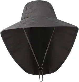 Outdoor UV Protection Flap Hat with Neck Cover Lightweight Wide Brim Bucket Cap for Men and Women for Fishing Hiking and Climbing Dark Grey