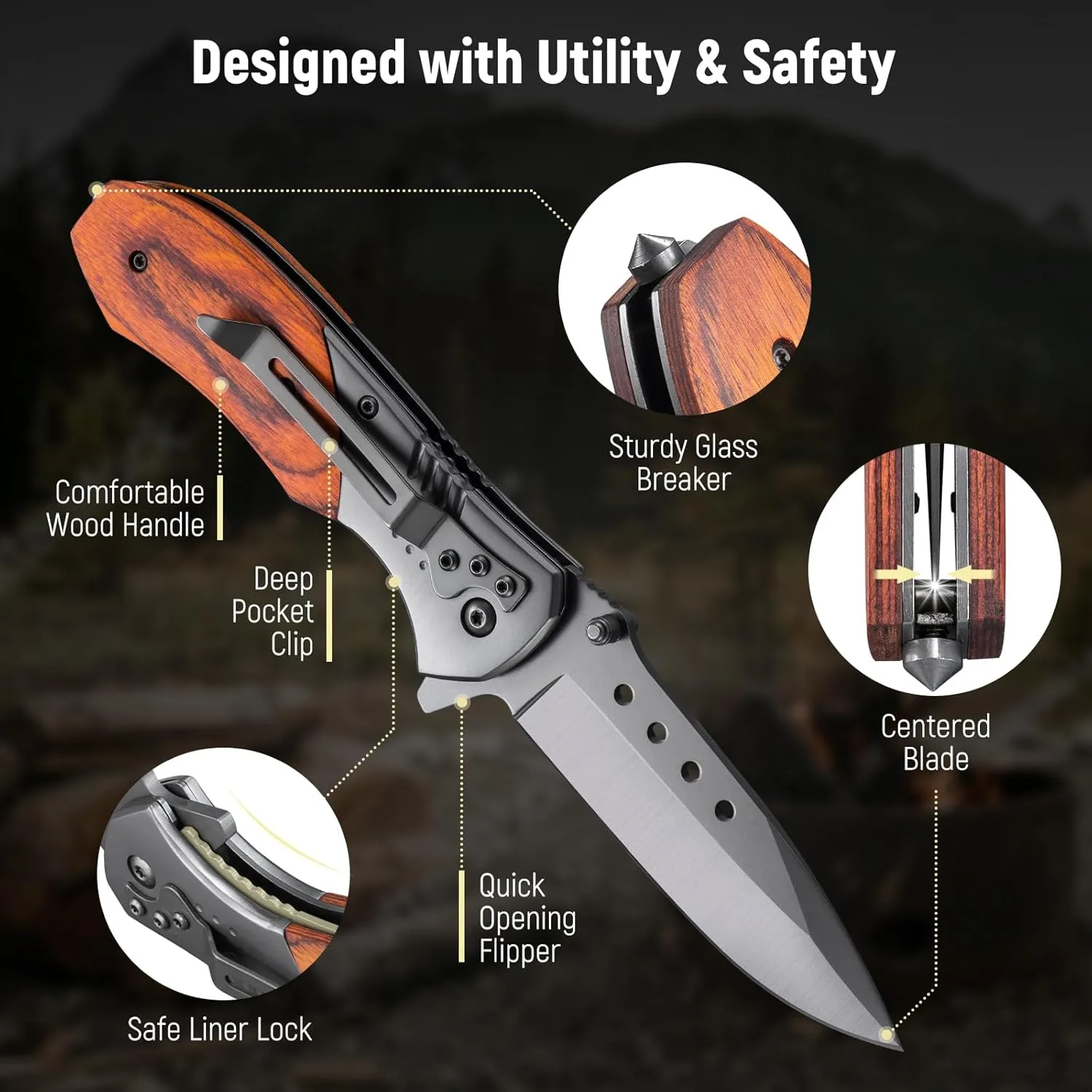 Pocket Knife for Men - Wood Handle Folding Pocket Knives with Clip, Glass Breaker - 3.46" Sharp Blade EDC Knife for Dad Tactical Hunting Survival Camping Fishing Hiking - Grey