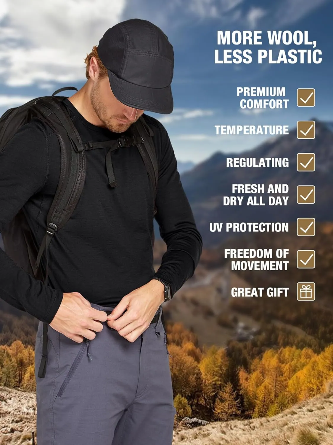 SIORO 100% Merino Wool Base Layer for Men Thermal Underwear Mens Long Sleeve T-Shirt for Hiking Hunting Odor Resistance