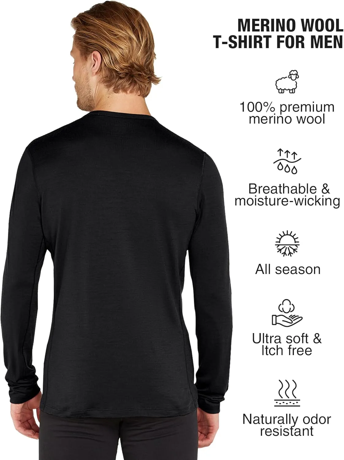 SIORO 100% Merino Wool Base Layer for Men Thermal Underwear Mens Long Sleeve T-Shirt for Hiking Hunting Odor Resistance