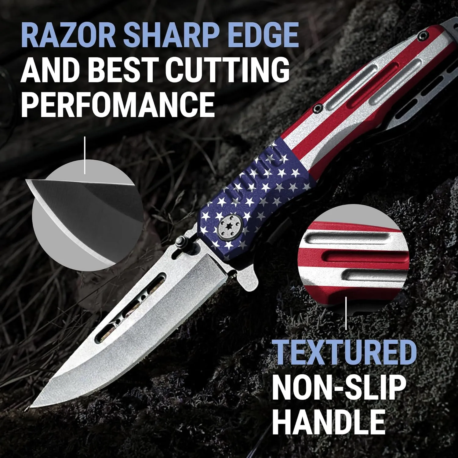 Spring Assisted Pocket Knife American Flag - Tactical Folding Knives for Men - Good for Camping Military Hunting Indoor and Outdoor Activities - Mens Gift Ideas for Birthday Anniversary 6681 F