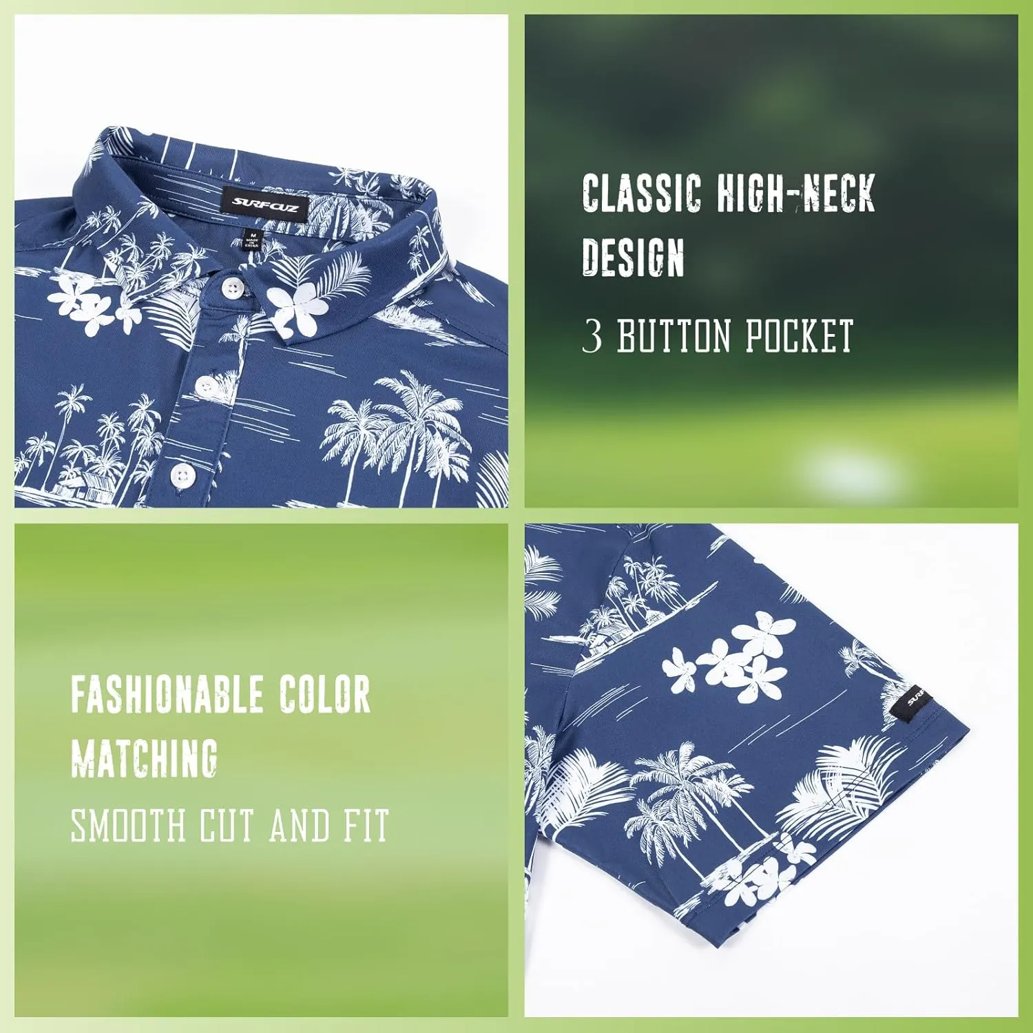 SURF CUZ Golf Shirt Moisture Wicking for Men Dry Fit Polo Shirts Short Sleeve Print Performance 4-Way Stretch