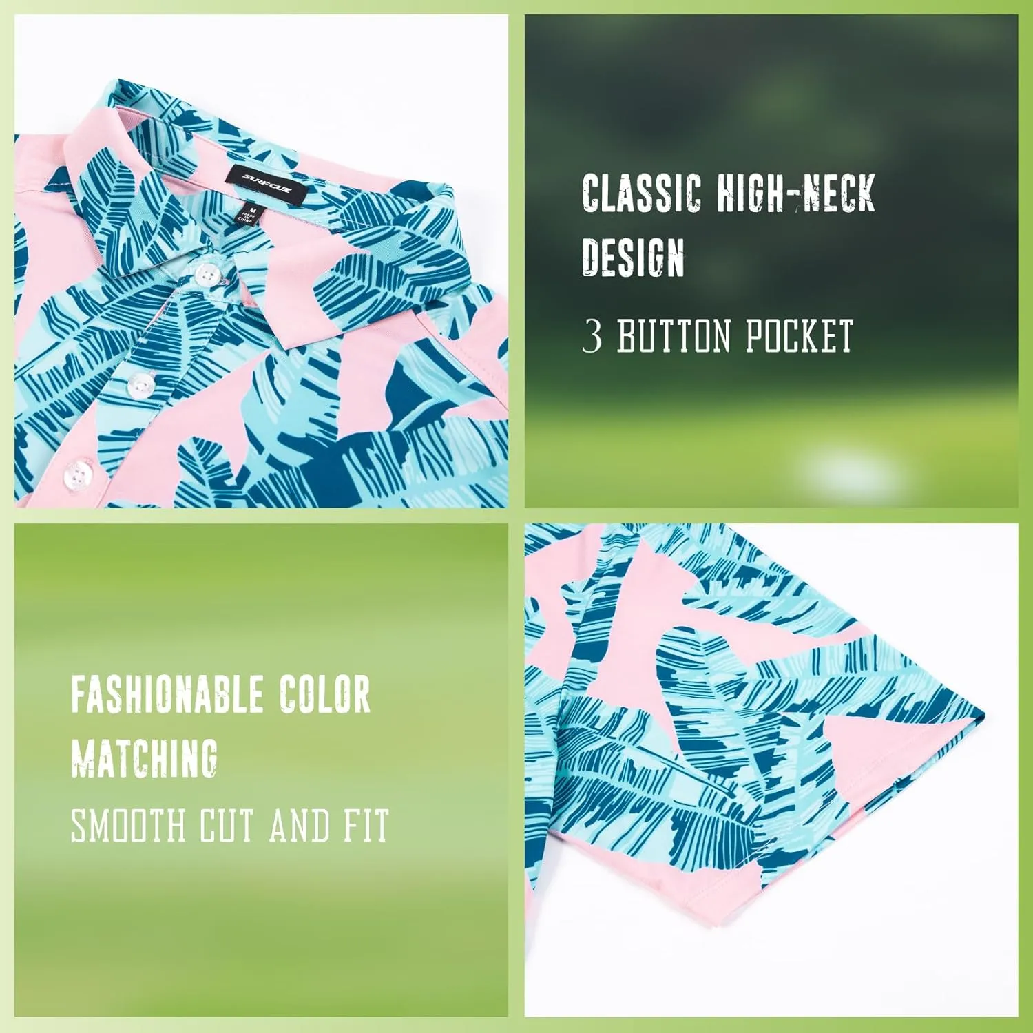 SURF CUZ Golf Shirt Moisture Wicking for Men Dry Fit Polo Shirts Short Sleeve Print Performance 4-Way Stretch