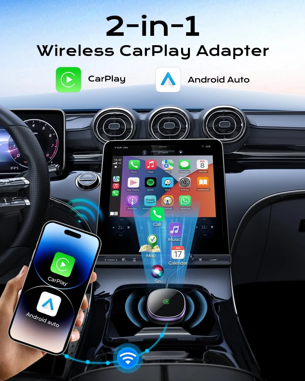 Wireless Carplay Adapter for iPhone & Android Auto 2-in-1 Plug & Play Low Delay Carplay Wireless Adapter Convert Wired to Wireless Apple Carplay Dongle for iOS 10 /Android 11  (Purple)