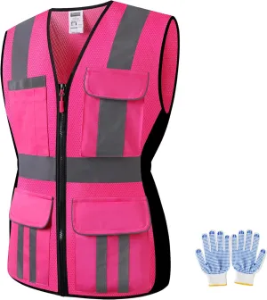 Women Safety Vest, Multi Pockets High Visibility Reflective Breathable Mesh Work Vest For Lady, Durable Zipper