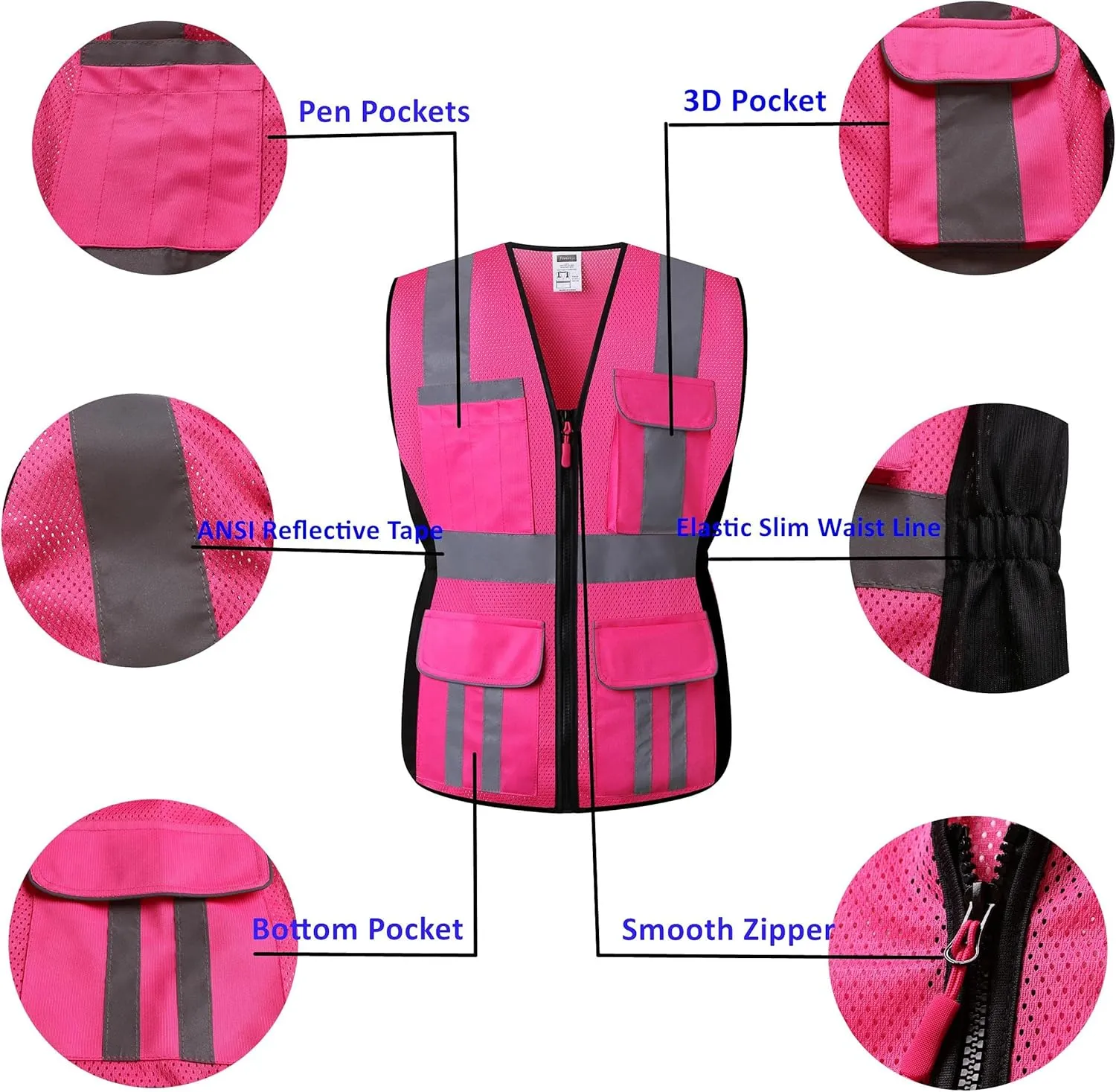 Women Safety Vest, Multi Pockets High Visibility Reflective Breathable Mesh Work Vest For Lady, Durable Zipper